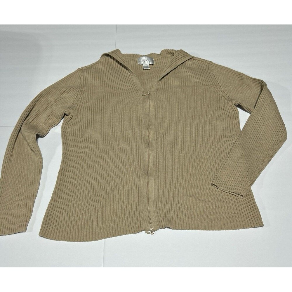 Annex Women's Large Tan Ribbed Knit Zip-Up Cardigan